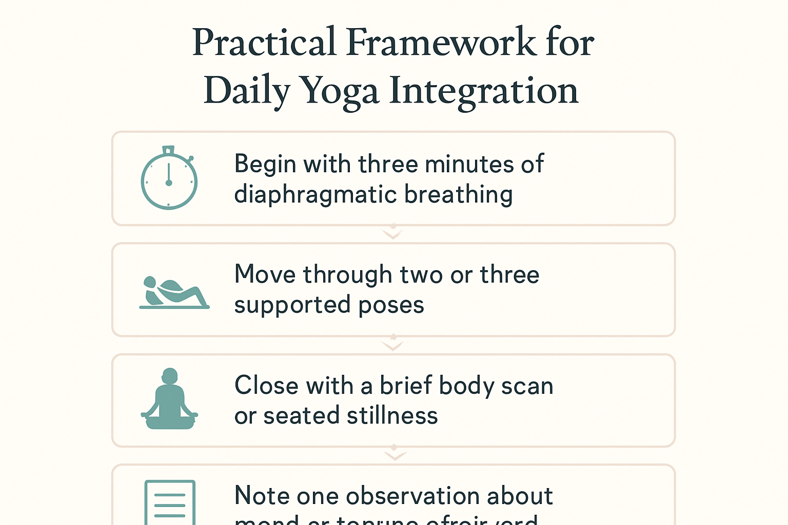 Flowchart showing four steps for integrating yoga daily: breathing for 3 minutes, moving through 2-3 supported poses, closing with body scan or stillness, and noting mood or tension observations.